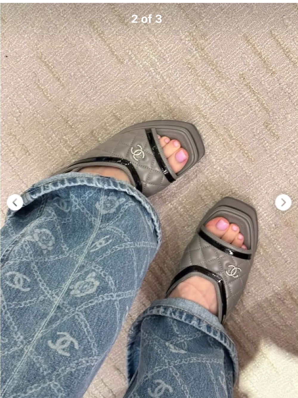 CHANEL Gray Quilted Platform Slingback Sandals with Black Trim